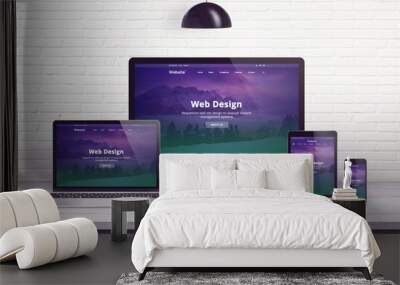 Responsive web site on multiple different display devices. Concept of web design, development work desk. Wall mural