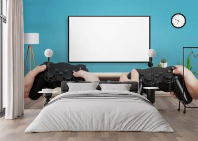 TV mockup for game presentation. Two friends holding gamepads. Isolated TV screen. Wall mural