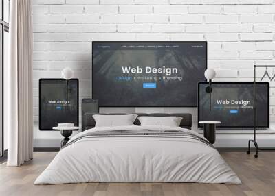 Web design agency concept presentation on displays of different dimensions. Modern flat web design template, theme concept. White brick wall in background Wall mural