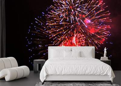 Star scattering of bright red and blue firework lights during Halloween, Christmas, Independence Day, New Year. Wall mural