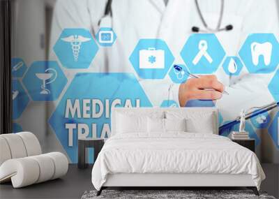 Medical Doctor with stethoscope and MEDICAL TRIAGE sign in Medical network connection on the virtual screen on hospital background.Technology and medicine concept. Wall mural