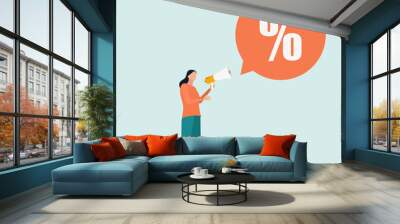 Businesswoman holding a megaphone and a percent sign. Business vector illustration concept. Flat style.
 Wall mural