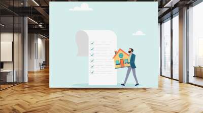 Character holding house with checklist papers. home and property planning. Vector illustration.	 Wall mural