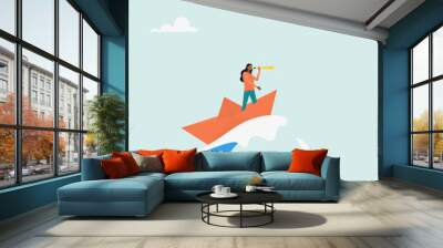 Character surfing the sea waves on a paper boat. Deal with crises with patience and foresight. Vector illustration.	 Wall mural