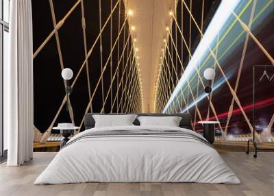 Bridge construction with railway and blurred motion speed of train passing by. Modern construction design. Wall mural