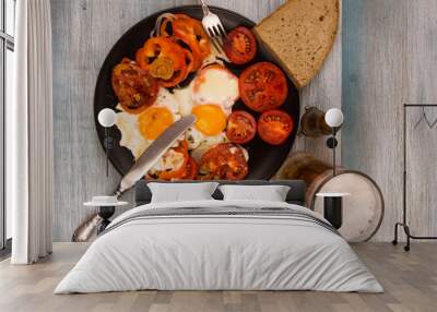 Beer and rustic eggs with tomatoes Wall mural