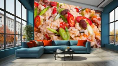 Jamaican and Mexican healthy vegetarian dish - rice with beans and vegetables and hot peppers and spring onions in a bowl, close-up Wall mural