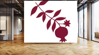 Sketch with pomegranate on branch with leaves and flower silhouette. Red pomegranate icon vector illustration. Wall mural