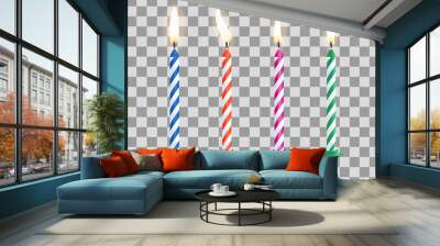 Realistic burning birthday cake candles set isolated on transparent checkered background. Vector illustration. Wall mural