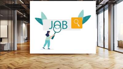 Woman is looking for a job, an employee using a magnifying glass is looking for a job in the search bar. Job search concept. Vector illustration. Wall mural