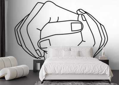 Two hands holding together. Hands of lovers. Human fingers, palms touching, gesturing. Support, love relationship concept. Line drawing graphic vector illustration isolated on white background  Wall mural