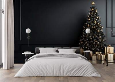 A beautifully decorated Christmas tree adorned with gold ornaments and wrapped presents on a dark background, perfect for holiday celebrations Wall mural