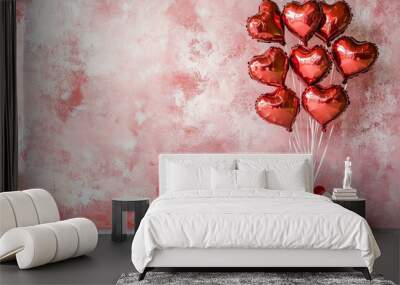 A festive arrangement of heart-shaped balloons tied to a gift box with a red ribbon against a textured pink backdrop Wall mural