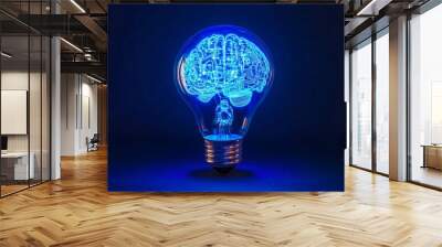 A glowing light bulb shaped like a brain illuminates digital circuits in a dark environment, symbolizing innovation and creativity Wall mural