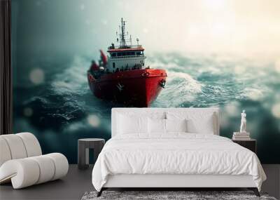 A large cargo ship navigates through calm waters under a bright blue sky with fluffy clouds during the day Wall mural