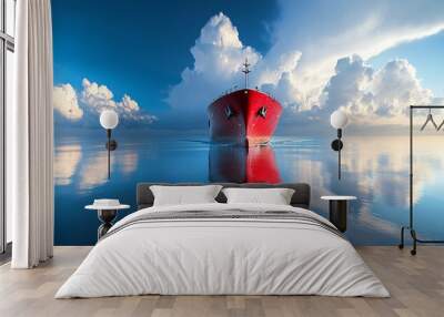 A large cargo ship navigates through calm waters under a bright blue sky with fluffy clouds during the day Wall mural