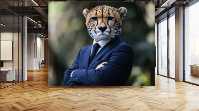 A suited individual stands confidently with a cheetah head in an artistic fusion of human and animal, set against a lush background Wall mural