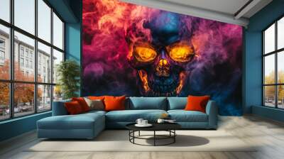 A vibrant digital artwork showcasing a skull with glowing eyes surrounded by colorful smoke in a dark background Wall mural