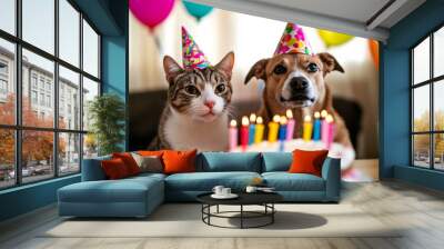 Celebration Time: Adorable Cat and Dog at Birthday Party Wall mural