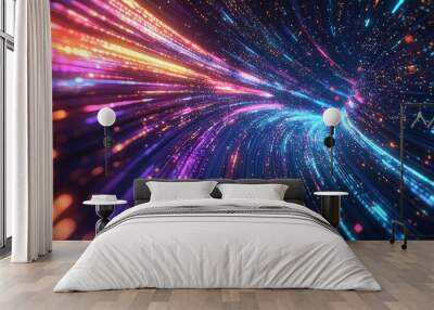 Colorful light trails in a dynamic abstract design showcasing vibrant energy and movement in a dark space Wall mural