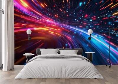 Colorful light trails in a dynamic abstract design showcasing vibrant energy and movement in a dark space Wall mural