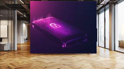 Digital security concept showcasing a padlock on a smartphone surrounded by glowing data streams in a futuristic setting Wall mural