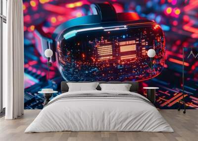 Futuristic Virtual Reality Headset on Glowing Circuit Board Wall mural