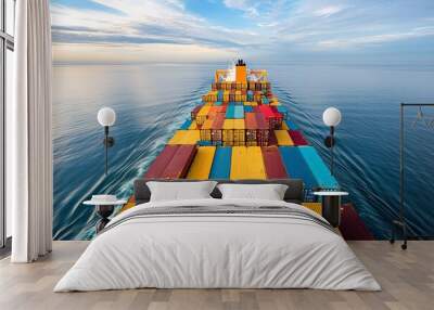 Large container ship navigating calm waters, strategically carrying colorful cargo during sunny daytime Wall mural