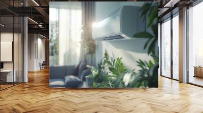 Modern air conditioning unit mounted on a wall in a bright, green indoor living space with large windows and plenty of plants Wall mural