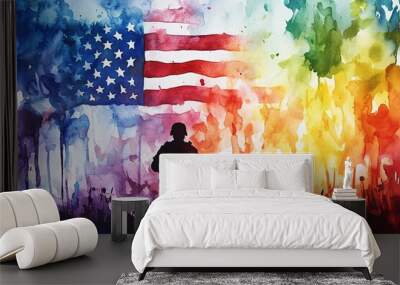 Patriotic Soldier Silhouette with American Flag Watercolor Painting Wall mural