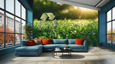 Recycling symbol on fresh grass illuminated by sunlight during a bright afternoon in a park setting Wall mural