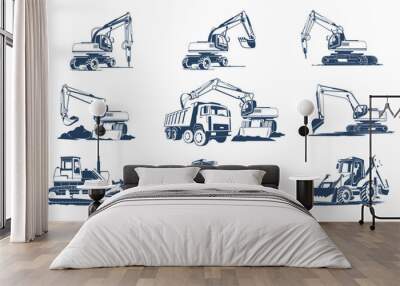 Excavator, bulldozer and more construction machinery icons set. Black construction machine icons, vector illustrations on white. Wall mural