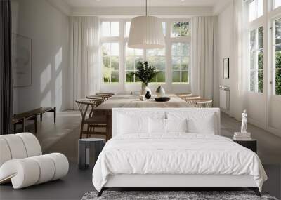  A bright and airy dining room with a large wooden table modern chairs and a statement light fixture  Wall mural