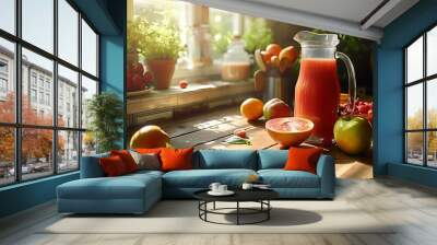  A kitchen counter with fresh fruits being juiced into a pitcher of juicy juice  Wall mural