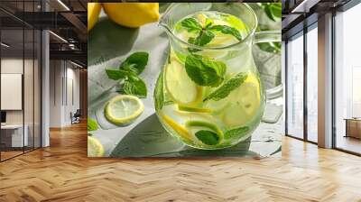  A pitcher of fresh mint lemonade with mint leaves and lemon slices  Wall mural