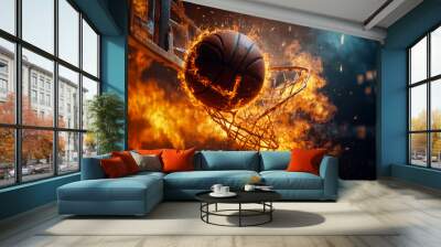 A flaming ball in a basketball hoop.  Basketball hoop on fire. Wall mural