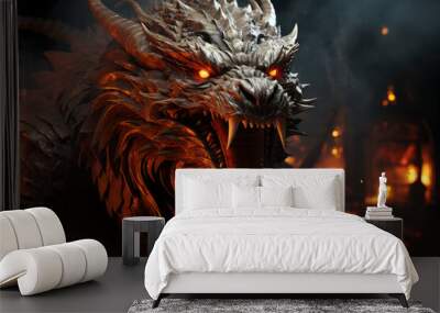 Ferocious fire-breathing dragon close-up, a scary mystical creature Wall mural