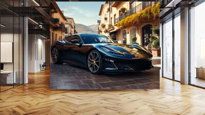 Futuristic sports super concept car on the street of a European city, street racing on expensive exclusive luxury auto Wall mural