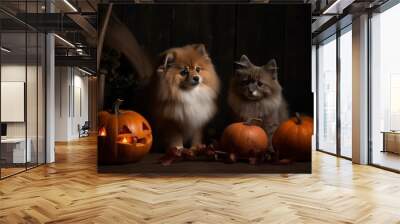 Halloween pumpkin jack o lantern and pomeranian spitz, AI Generated Wall mural