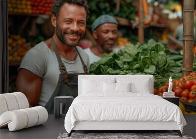 Happy seller at the market in front of his counter with tomatoes and other vegetables Wall mural