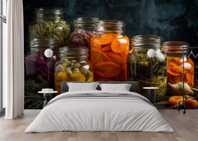 Homemade canned vegetables in glass jars, preparation of pickled products for the winter, AI Generated Wall mural