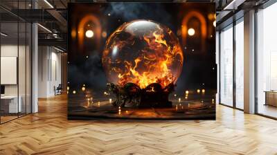 Magic crystal ball for fortune telling with flame and smoke on a dark background Wall mural