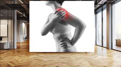 Shoulder pain, ache in a woman's body, sports injury concept, isolated on white background Wall mural