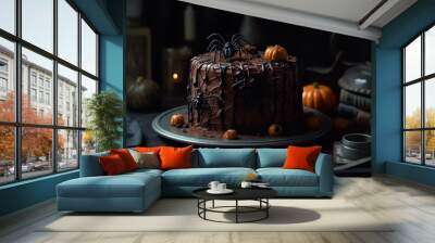 Spooky Halloween cake decorated with spiders and pumpkins on dark background, AI Generated Wall mural