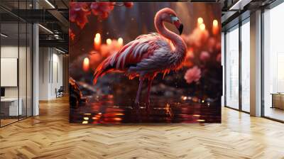 Surreal pink flamingo in a night blooming garden with flowers Wall mural