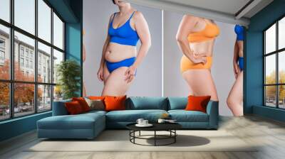 Tummy tuck, woman's fat body with cellulitis before and after weight loss and liposuction, two overweight women on gray background, obese female body, plastic surgery concept Wall mural