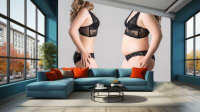 Woman's body before and after weight loss on gray background Wall mural