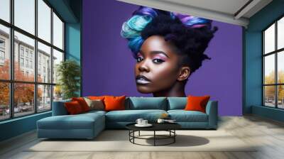 Young beauty stylish African American woman on purple background, portrait of black fashion girl with beautiful makeup and hairstyle Wall mural