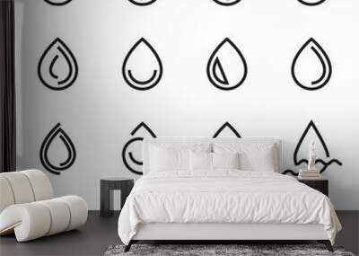 Drop icons. Collection of linear droplet symbols isolated on a white background. Vector illustration. Editable stroke Wall mural