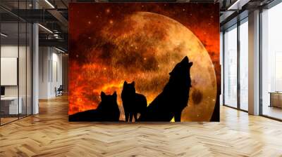 three wolves - pack of wolves over background with planet and universe like mystic magic fantasy animal concept  Wall mural